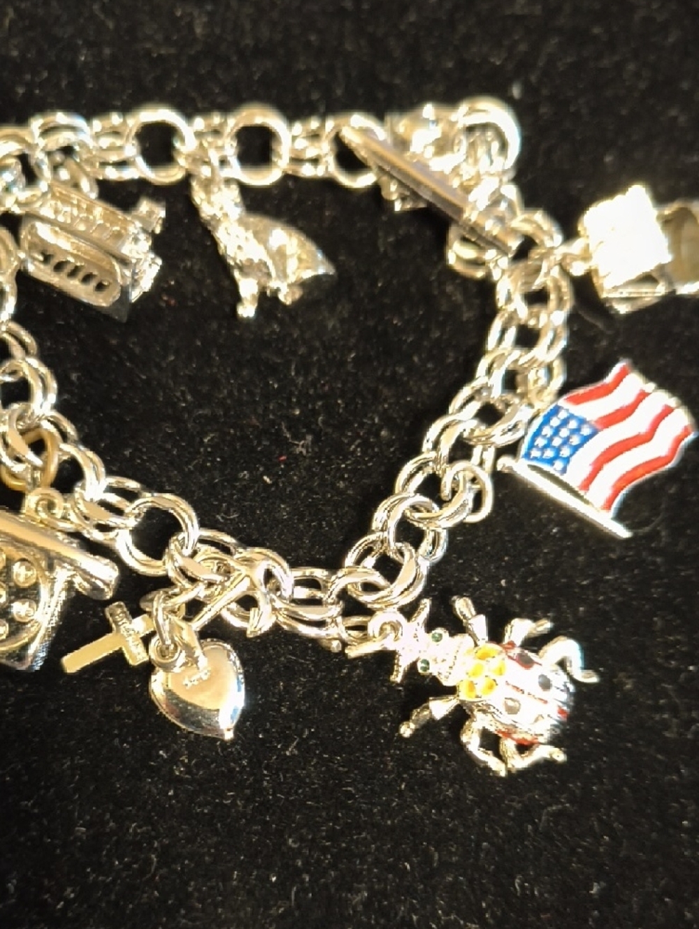 Sterling Silver Charm Bracelet with Enamel American Flag And Lady Bug - Picture 2 of 8